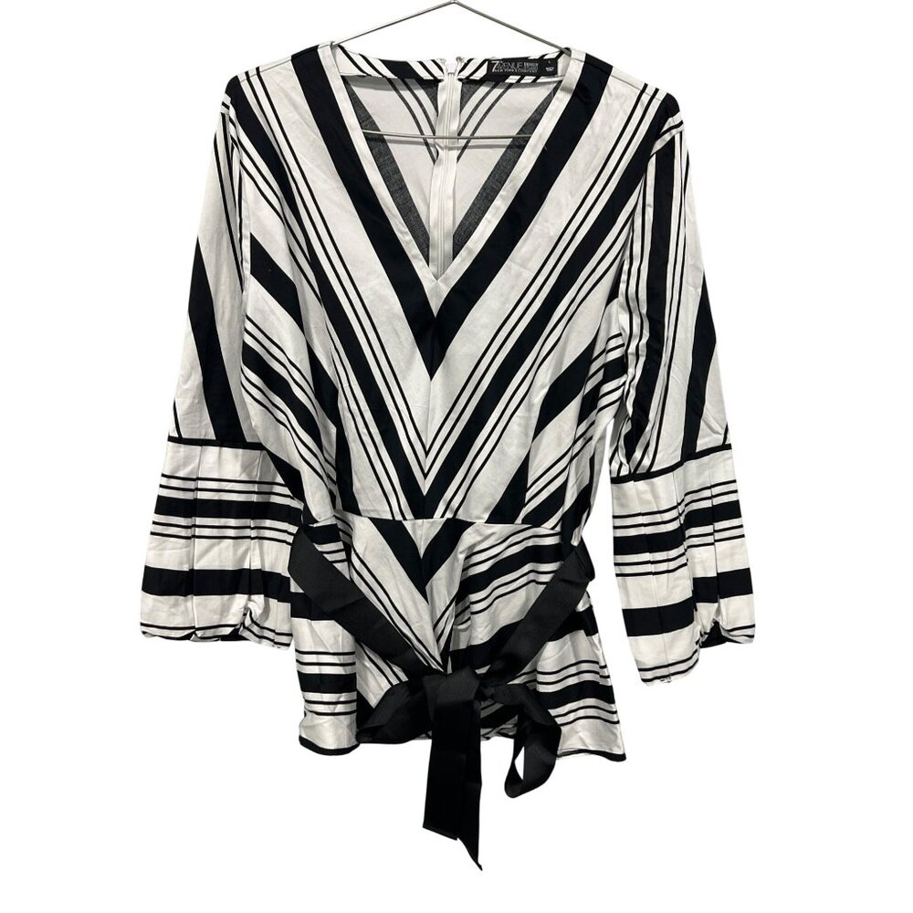 New York & Company 7th Avenue Black & White Striped Wrap Blouse L Cotton Blend